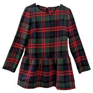 Vintage Pandora Green & Red V Neck Checker Plaid Ruffle L/S Woolen Tunic XL